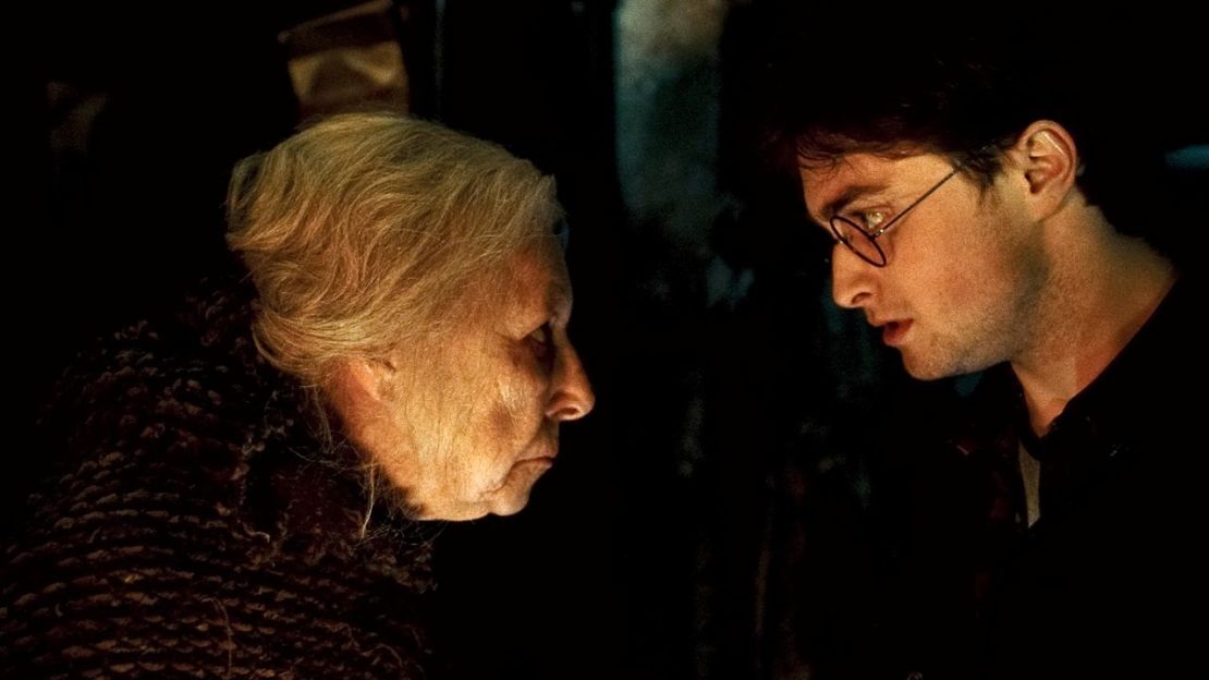 Hazel Douglas as Bathilda Bagshot and Daniel Radcliffe as Harry Potter in 