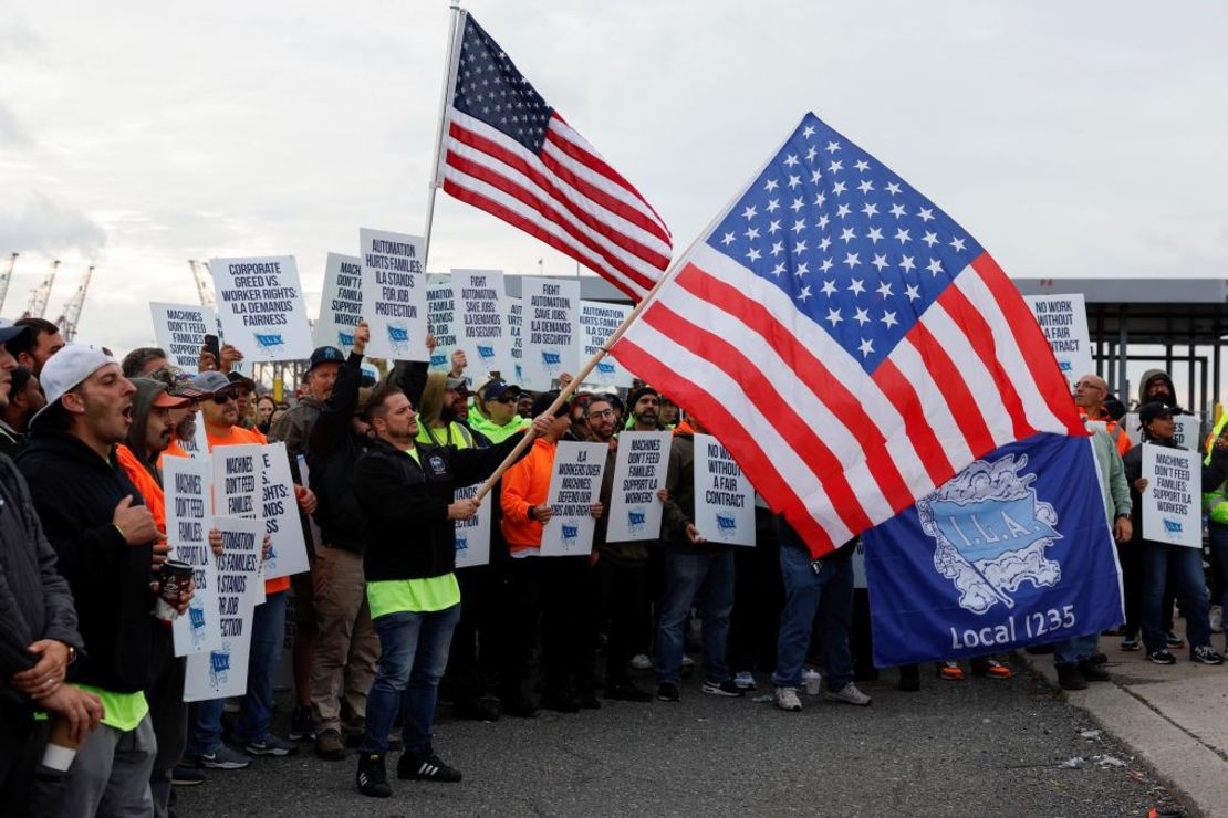 Members of the International Longshoremen's Association representing some 45,000 workers, on strike outside the port of New York and New Jersey on the first day of the strike. Credit: Shannon Stapleton/Reuters