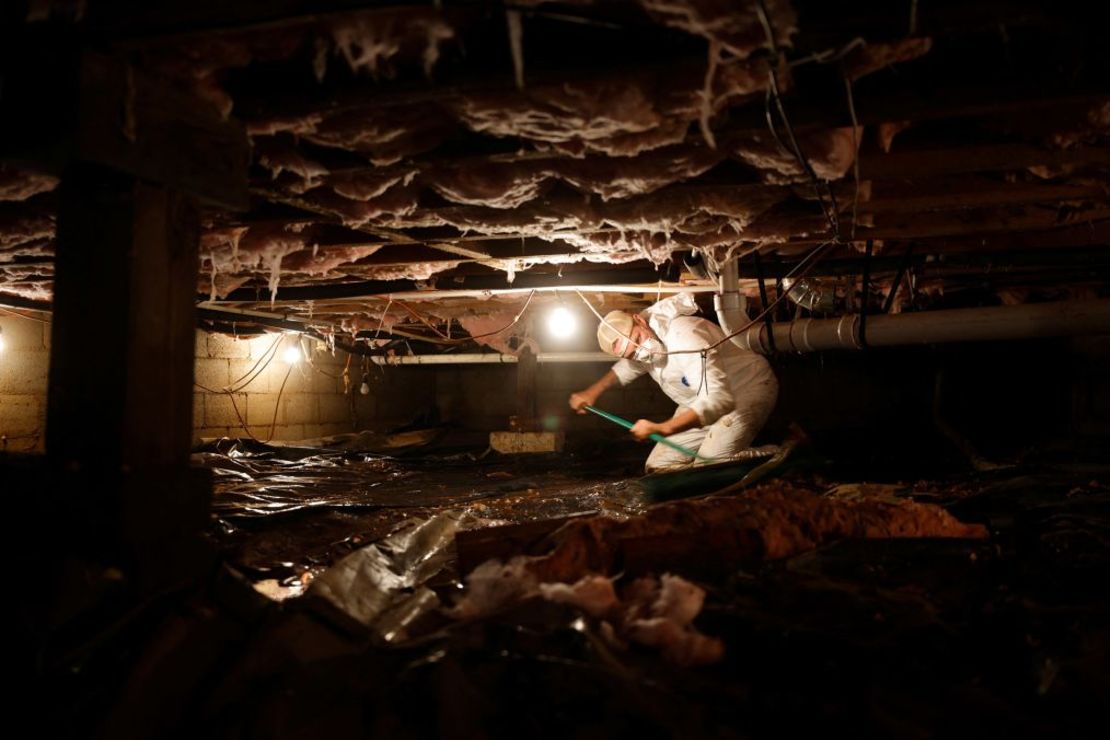 A volunteer helps clean a flooded basement under a home affected by Helene in Cruso, North Carolina, on Thursday. Credit: Jonathan Drake/Reuters