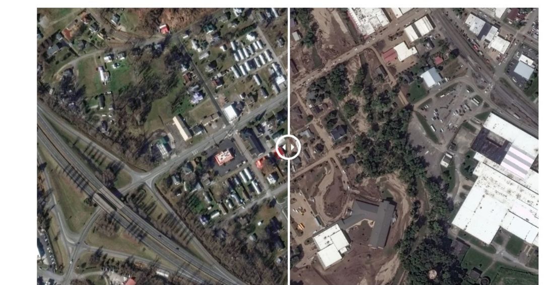 Before and after images show the impact of flooding caused by Hurricane Helene in Old Fort, North Carolina. Satellite image ©2024 Maxar Technologies