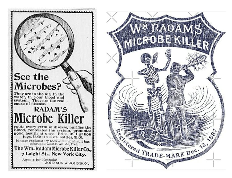 Advertisements for William Radam's “Microbe Killer”.